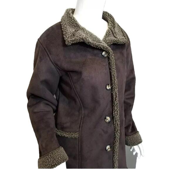 LL Bean Faux Suede Brown Shearling Sherpa Coat Lined Coat Women's Petite Large - Picture 2 of 12